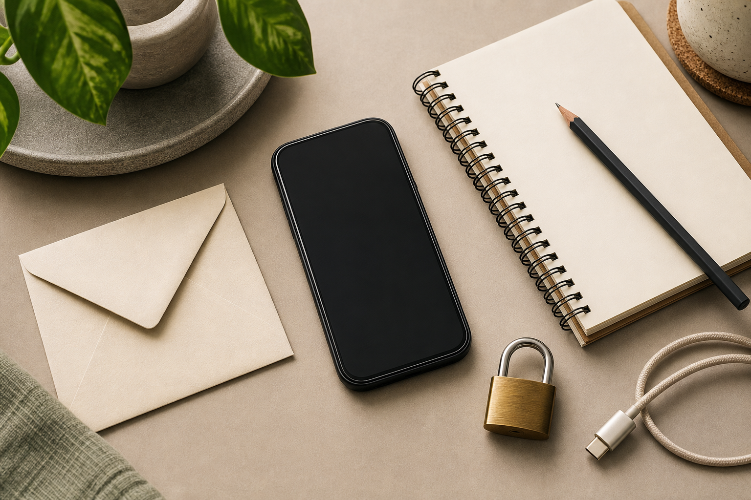 Telefono busta quaderno e lucchetto per controllare messaggi sospetti
