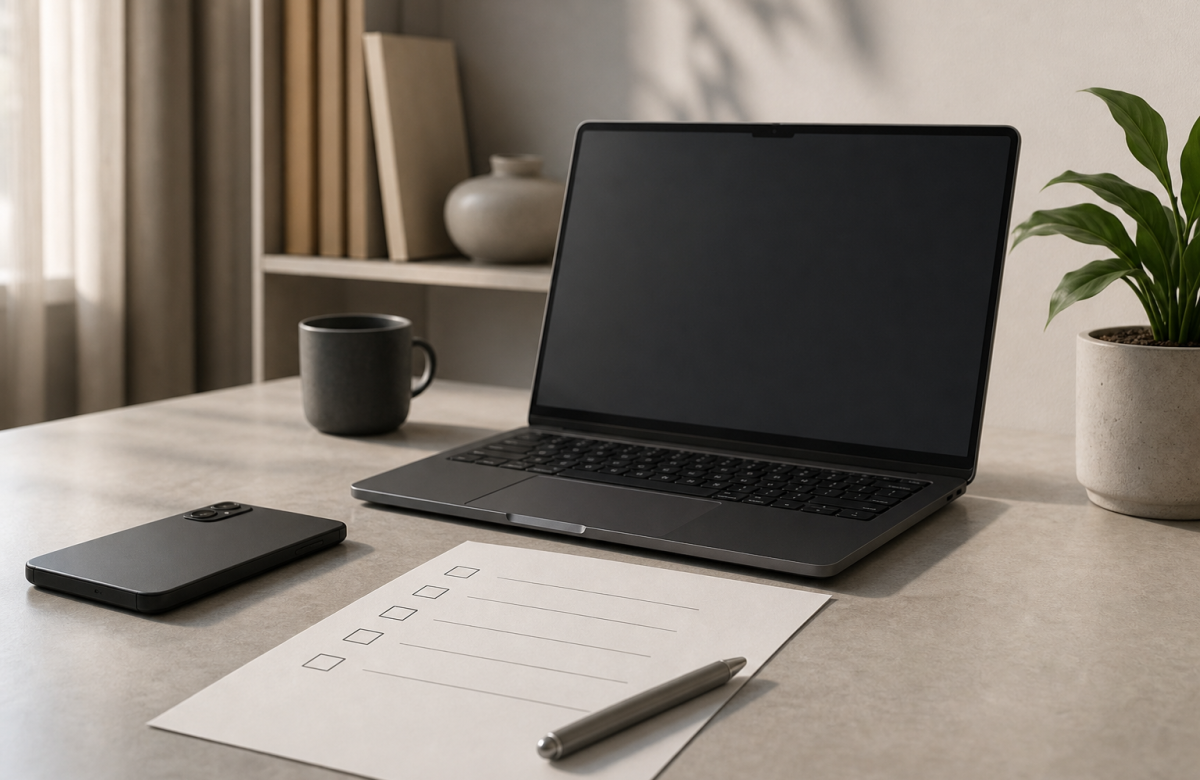 Laptop telefono e checklist vuota per sicurezza online