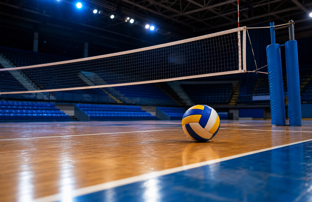 Campo indoor generico di pallavolo con rete e pallone