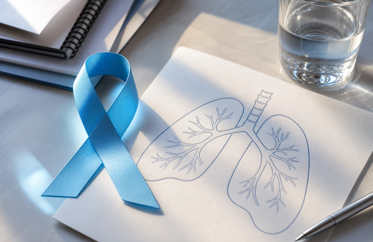 Nastro blu e disegno generico dei polmoni per sensibilizzazione sulla fibrosi cistica