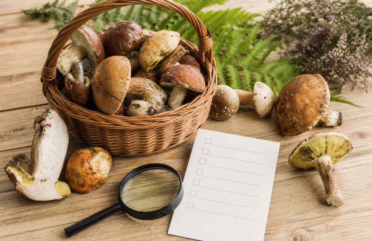 Cestino di funghi generici con lente e checklist