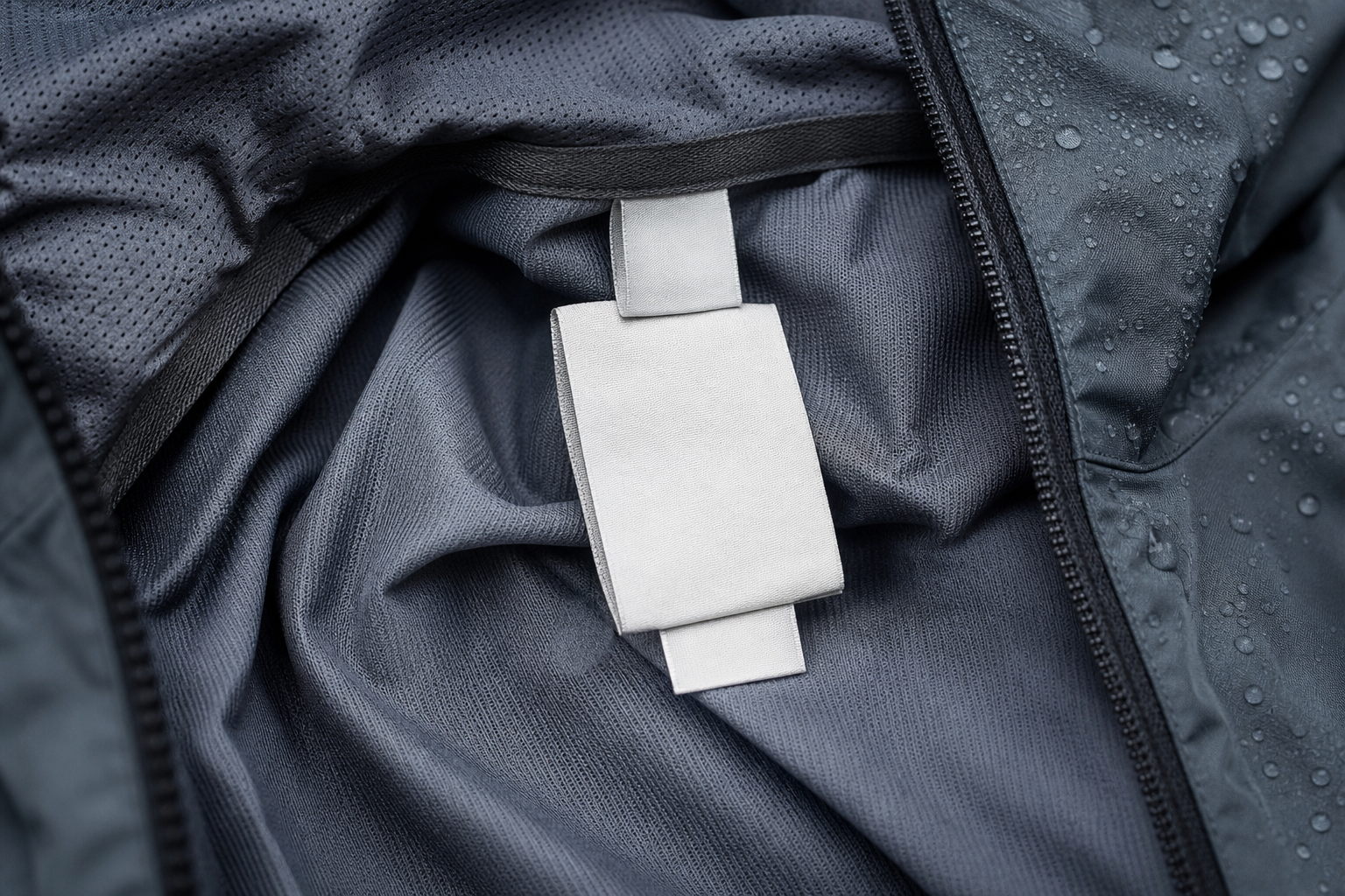 Etichetta generica su tessuto tecnico con gocce d’acqua