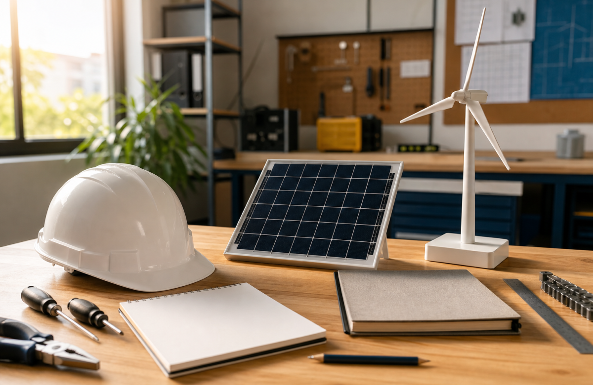 Casco e modelli generici di energia pulita su un banco di formazione