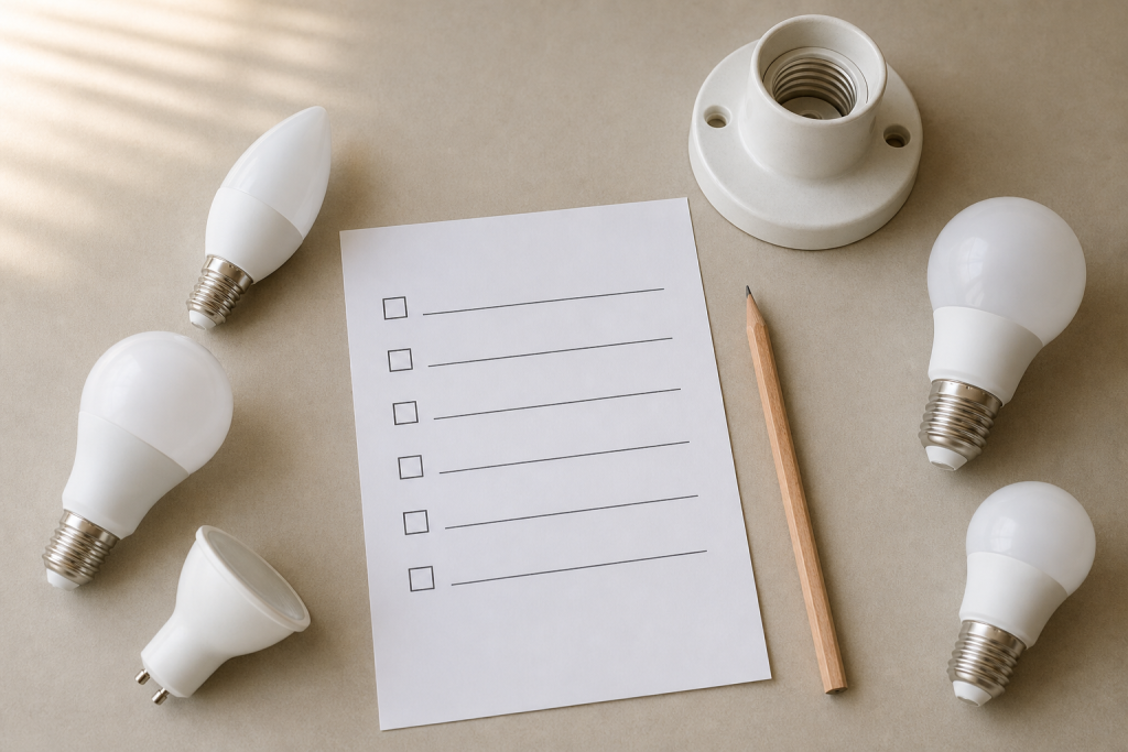 Lampadine LED generiche con checklist vuota per confrontare lumen e consumi