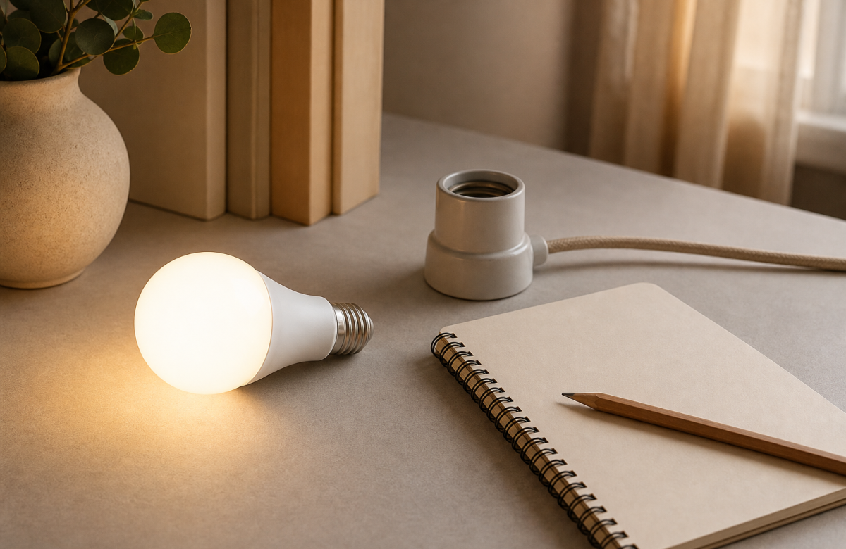 Lampadina LED generica con quaderno vuoto per scegliere la luce di casa