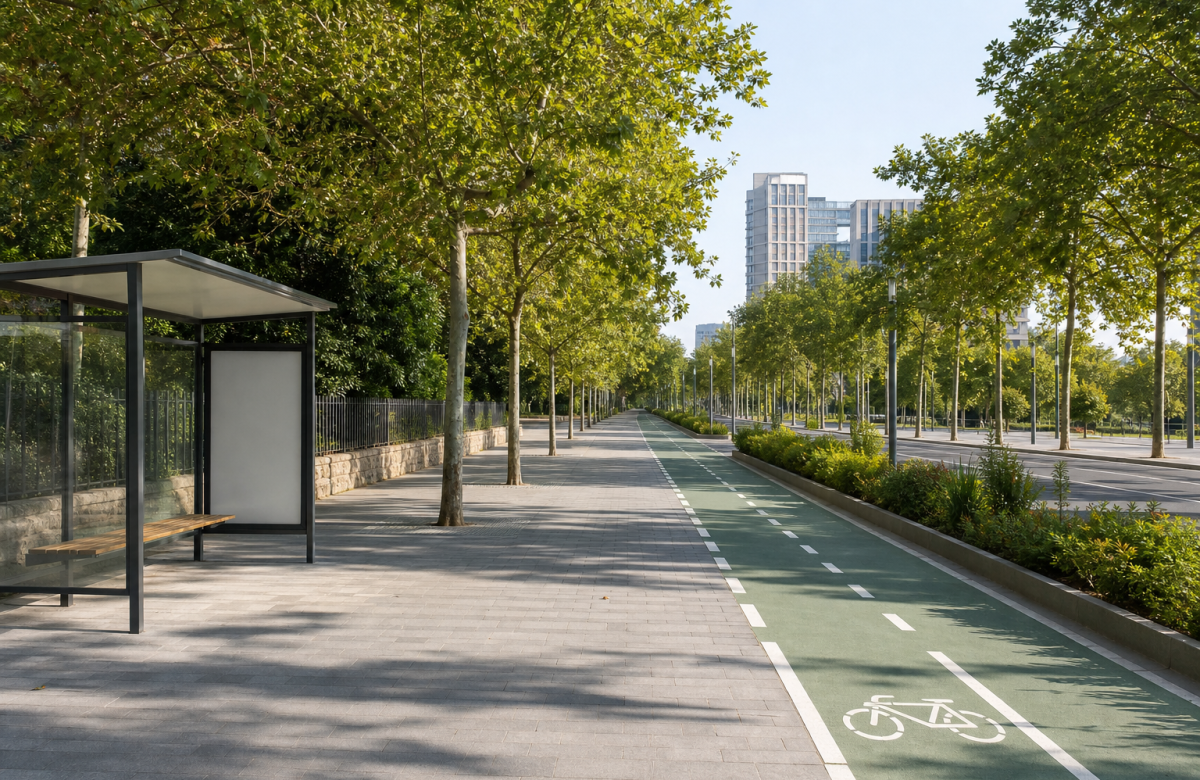 Percorso urbano generico con pista ciclabile e fermata bus