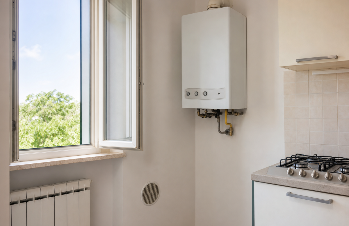 Cucina generica con caldaia finestra aperta e griglia di ventilazione