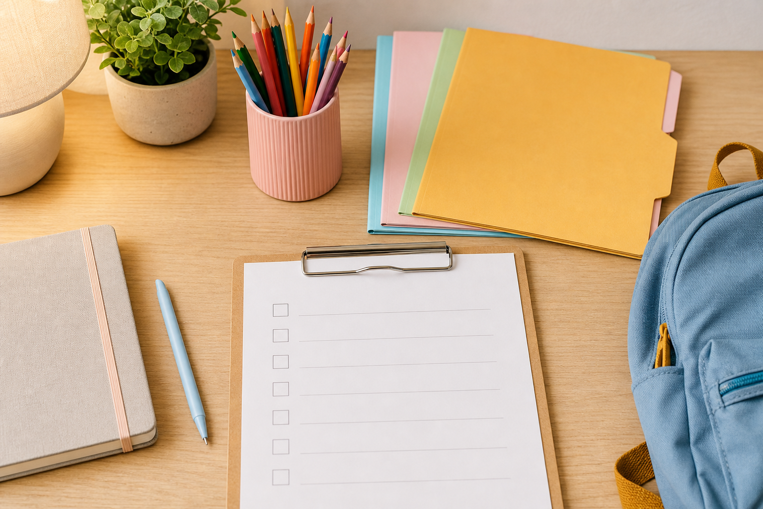 Checklist vuota cartelle e matite per preparare una domanda di agevolazione nido