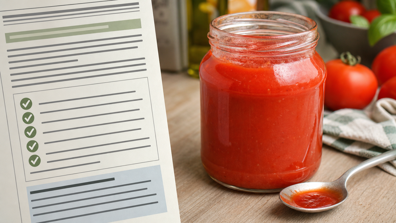 Etichetta generica e vasetto di passata di pomodoro su un tavolo