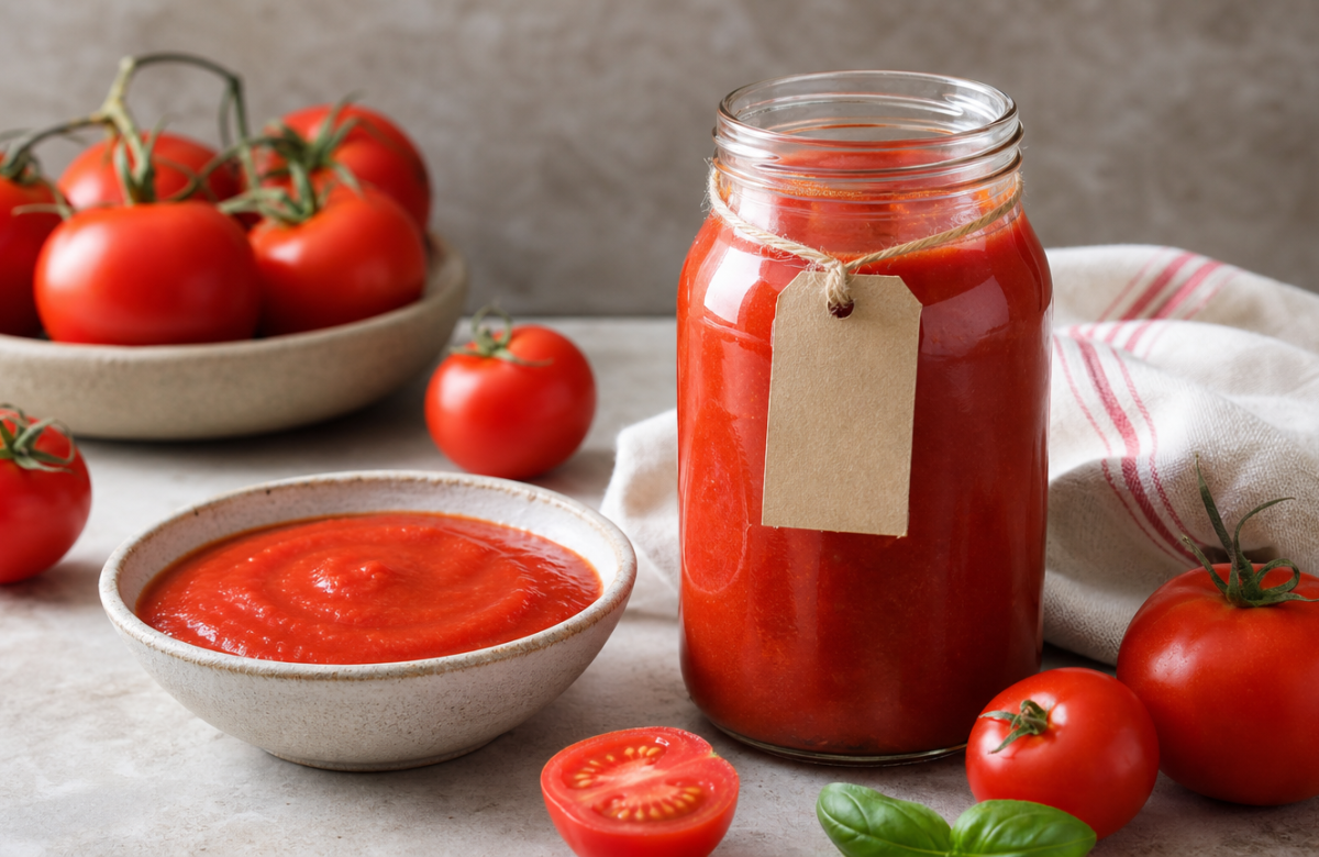 Vasetto e ciotola di passata di pomodoro su un piano cucina