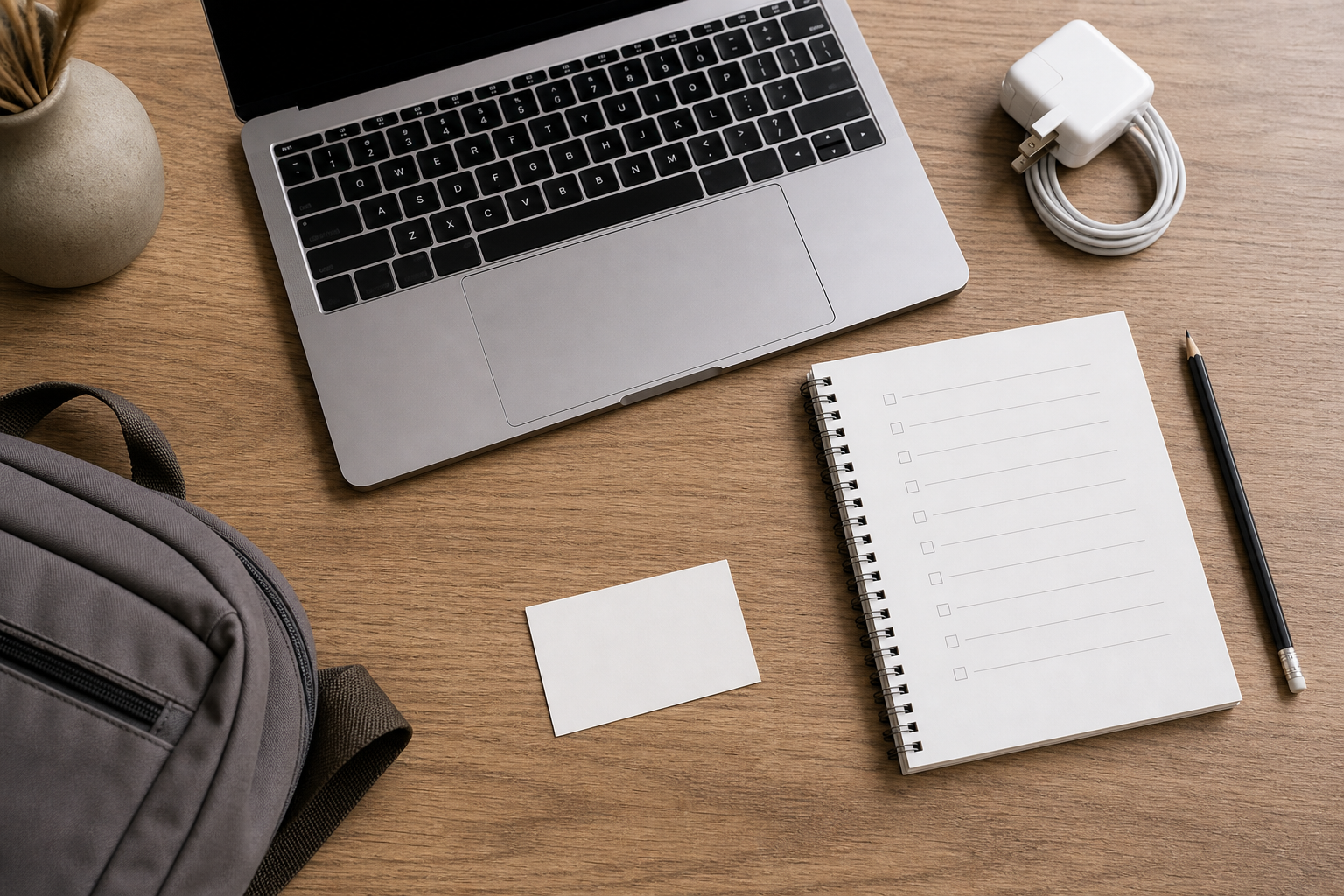 Laptop anonimo caricatore e checklist vuota per un acquisto consapevole