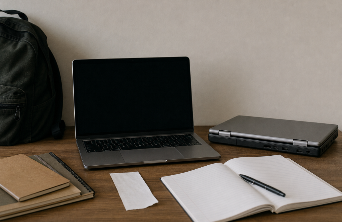 Portatili anonimi e quaderni su una scrivania per studiare
