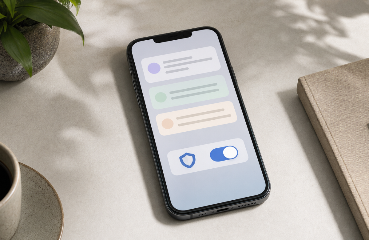 Smartphone generico con notifiche astratte e interruttore privacy