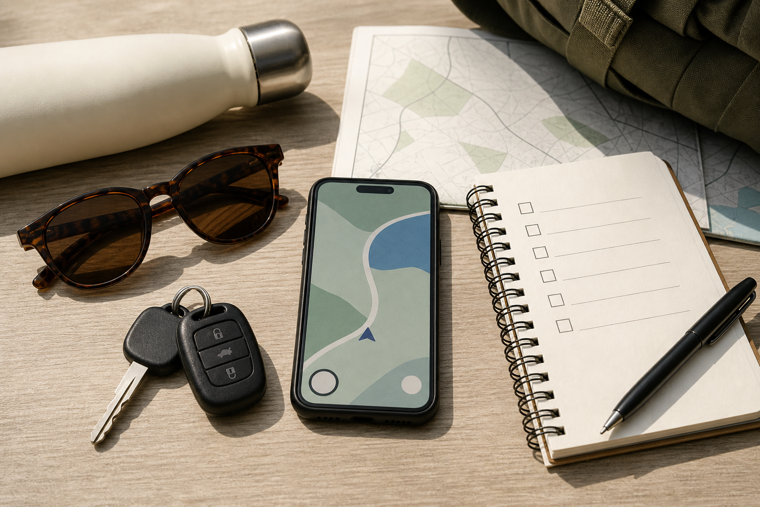 Telefono con mappa astratta e checklist per viaggio in auto