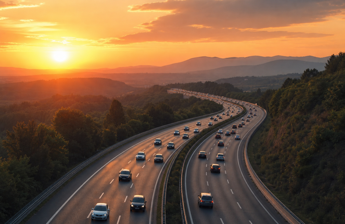 Autostrada generica al tramonto con traffico di rientro