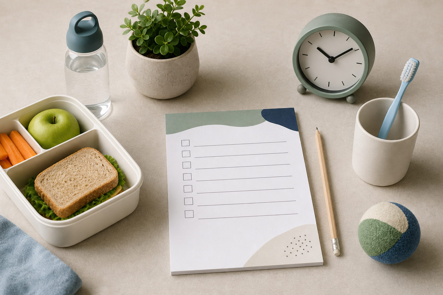 Checklist generica con merenda orologio e spazzolino per il rientro a scuola