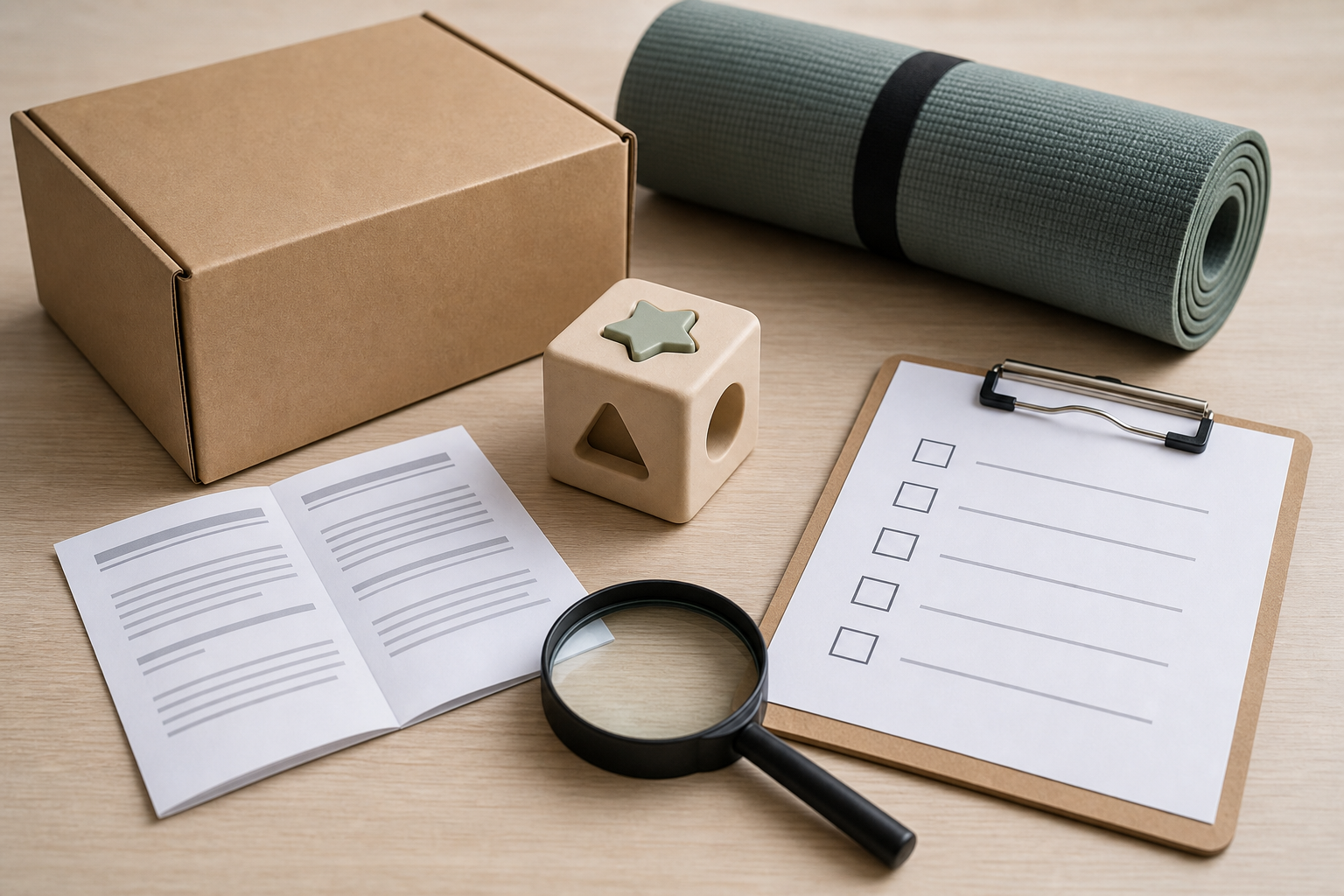 Pacco anonimo tappetino e checklist vuota per controllare un acquisto online