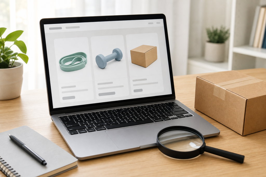 Scheda prodotto online generica con attrezzi fitness e lente di ingrandimento