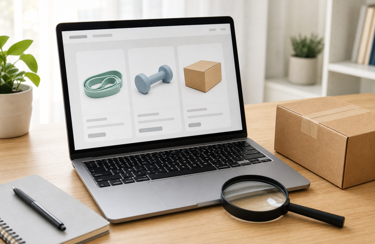 Scheda prodotto online generica con attrezzi fitness e lente di ingrandimento