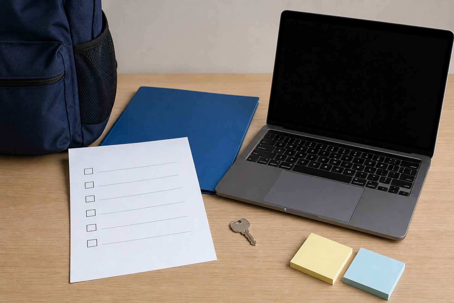 Zaino laptop spento chiave e checklist vuota per dati scolastici