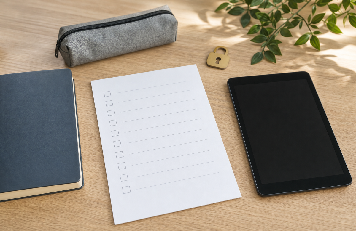 Scrivania con tablet spento lucchetto e checklist vuota per privacy a scuola