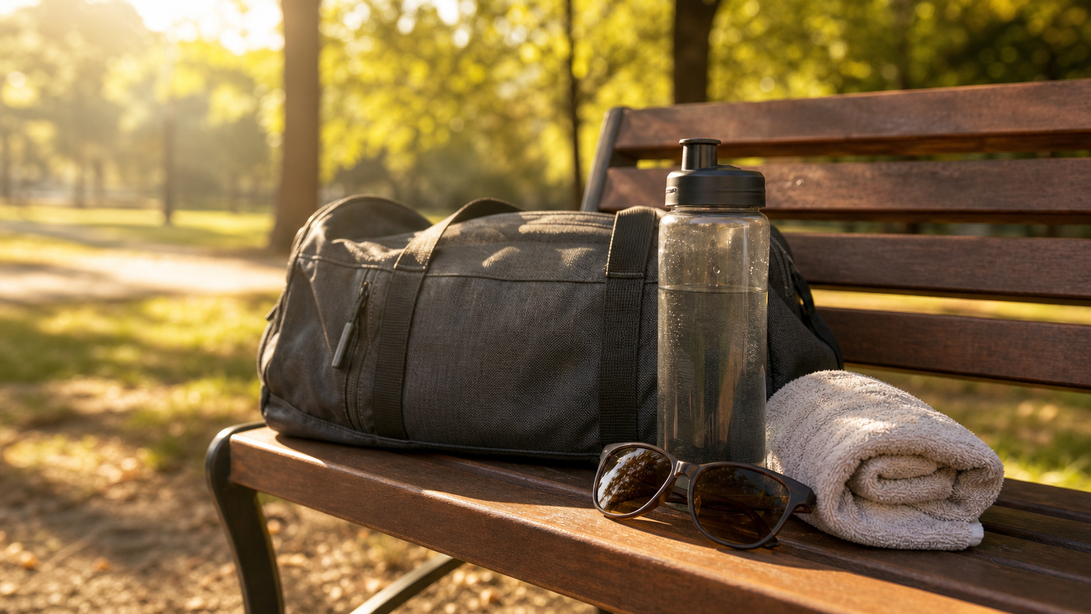 Borraccia e borsa sportiva su una panchina in un parco generico