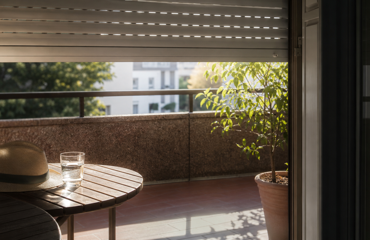 Balcone generico con tapparella abbassata e bicchiere d’acqua in una giornata calda