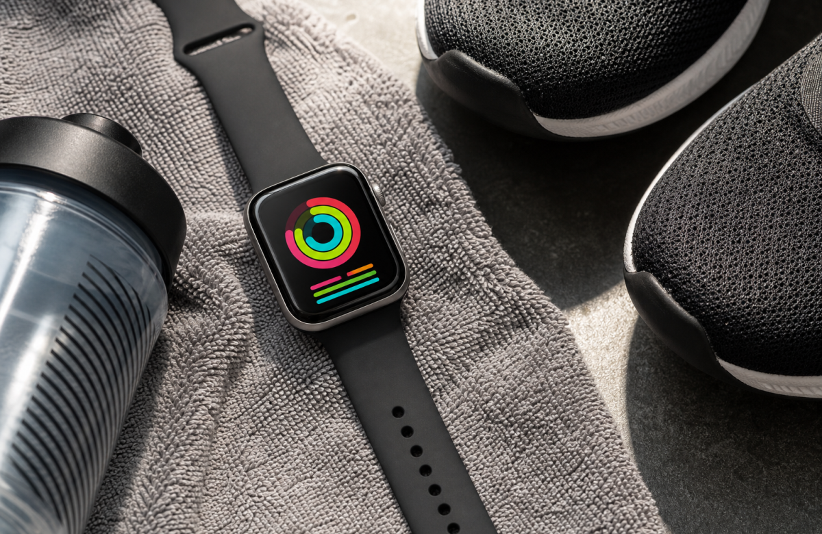 Smartwatch generico su asciugamano da palestra