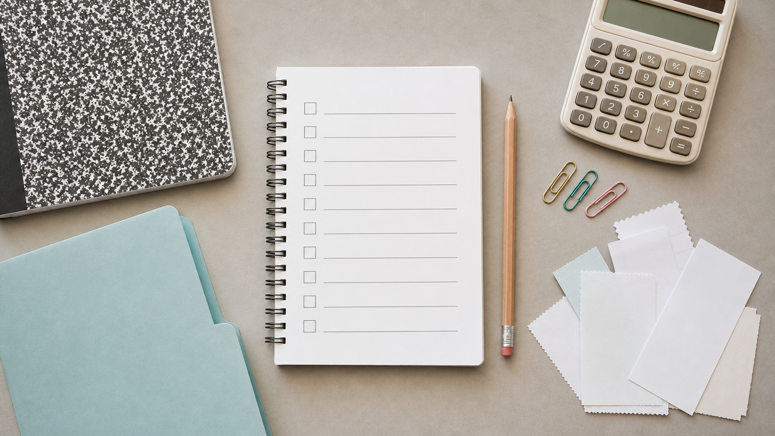Checklist generica con ricevute vuote e quaderno per organizzare le spese scolastiche