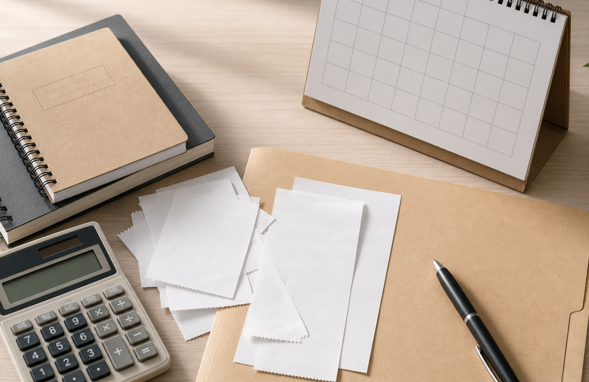 Ricevute vuote quaderni e calcolatrice per organizzare le spese scolastiche