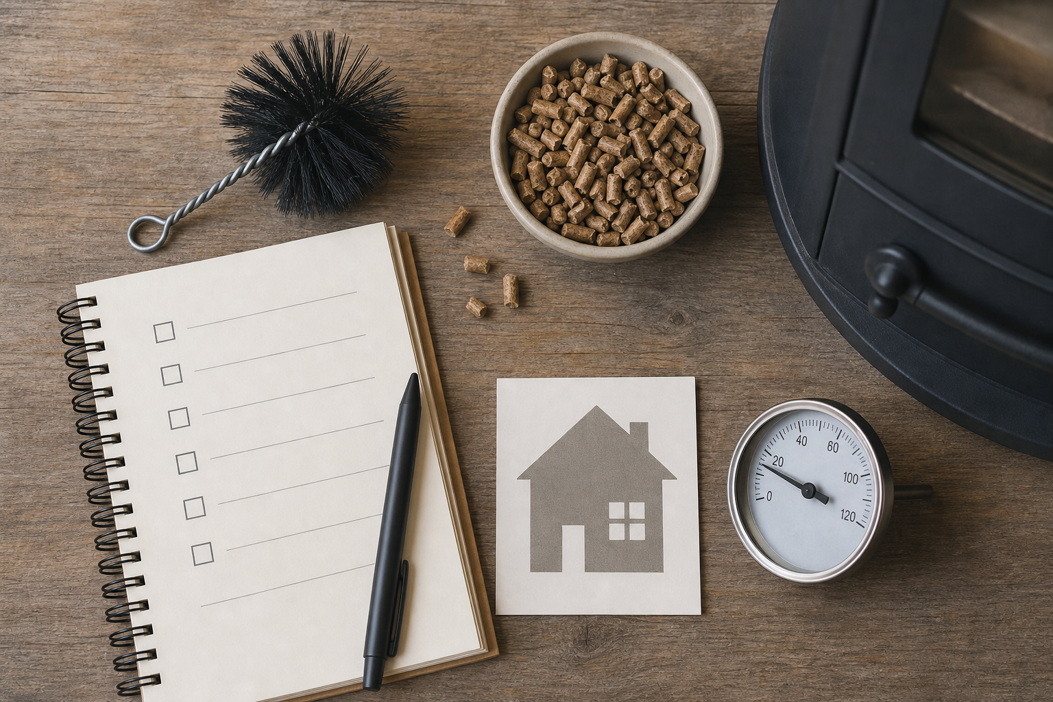 Checklist generica con pellet e strumenti per la manutenzione della stufa