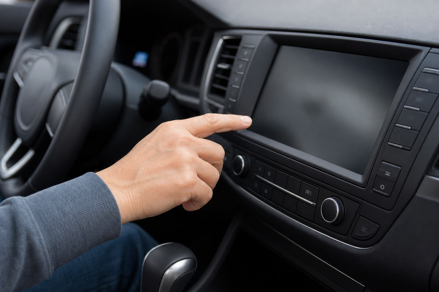 Mano vicino a touchscreen e comandi fisici di un cruscotto generico