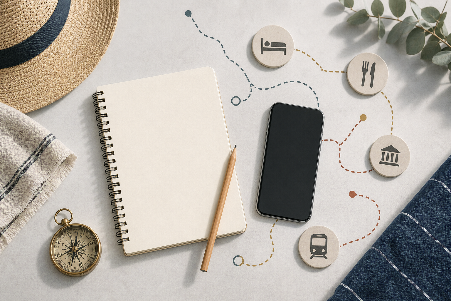 Quaderno smartphone spento e icone viaggio per confrontare le opzioni