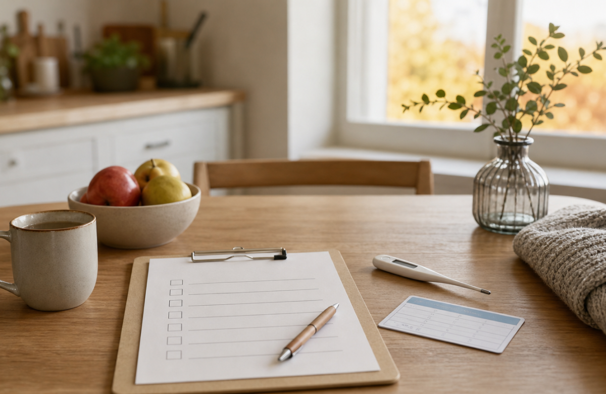 Checklist generica e termometro su un tavolo per organizzare informazioni sanitarie familiari