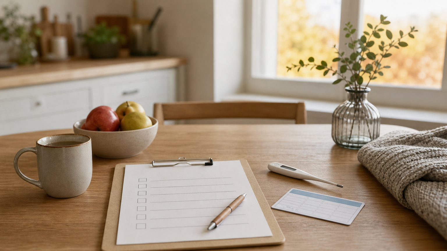 Checklist generica e termometro su un tavolo per organizzare informazioni sanitarie familiari