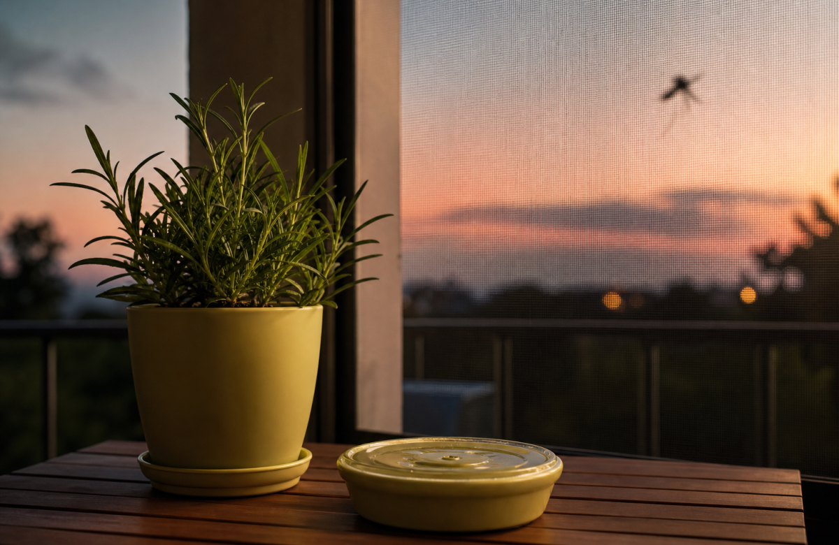 Balcone generico con zanzariera e pianta per prevenire le punture di zanzara