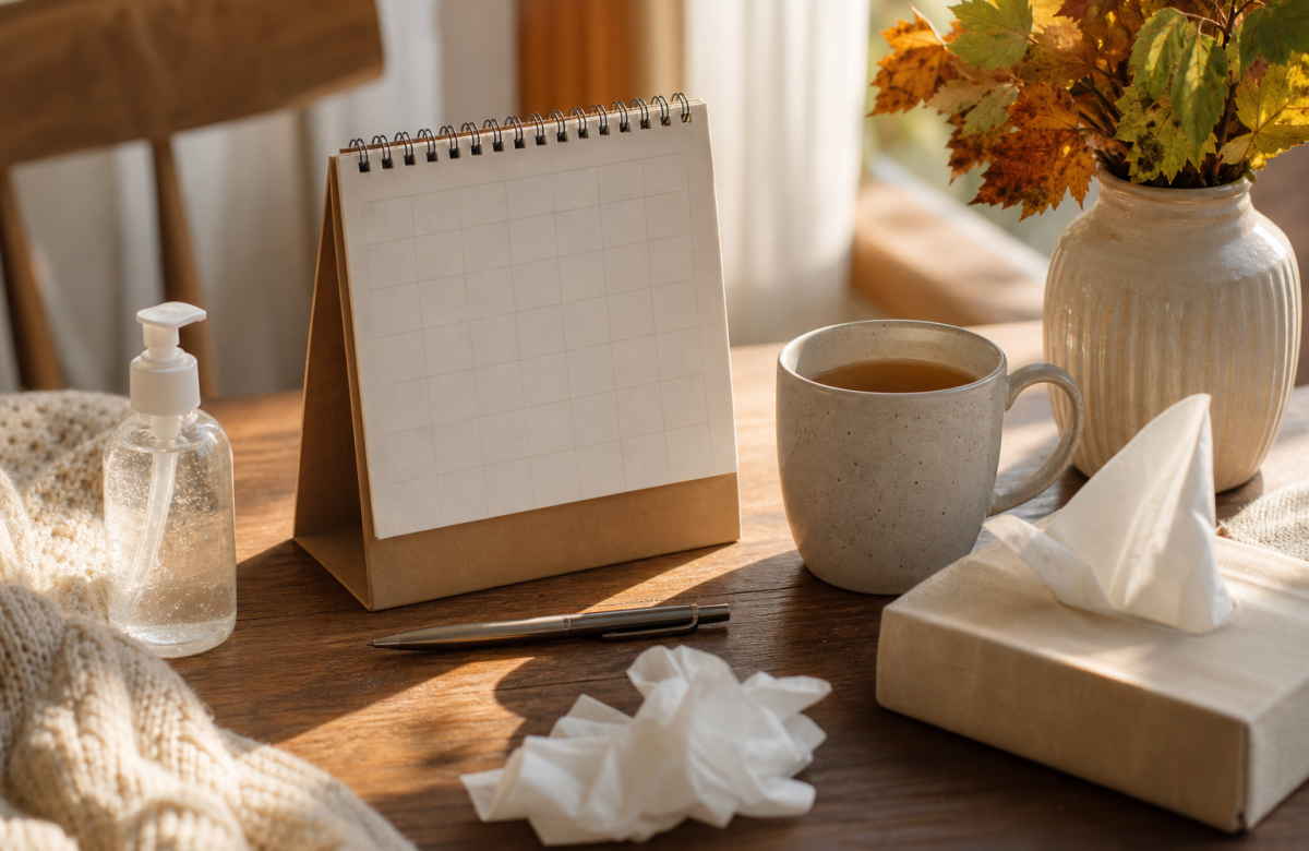 Promemoria salute autunnale con calendario e oggetti quotidiani
