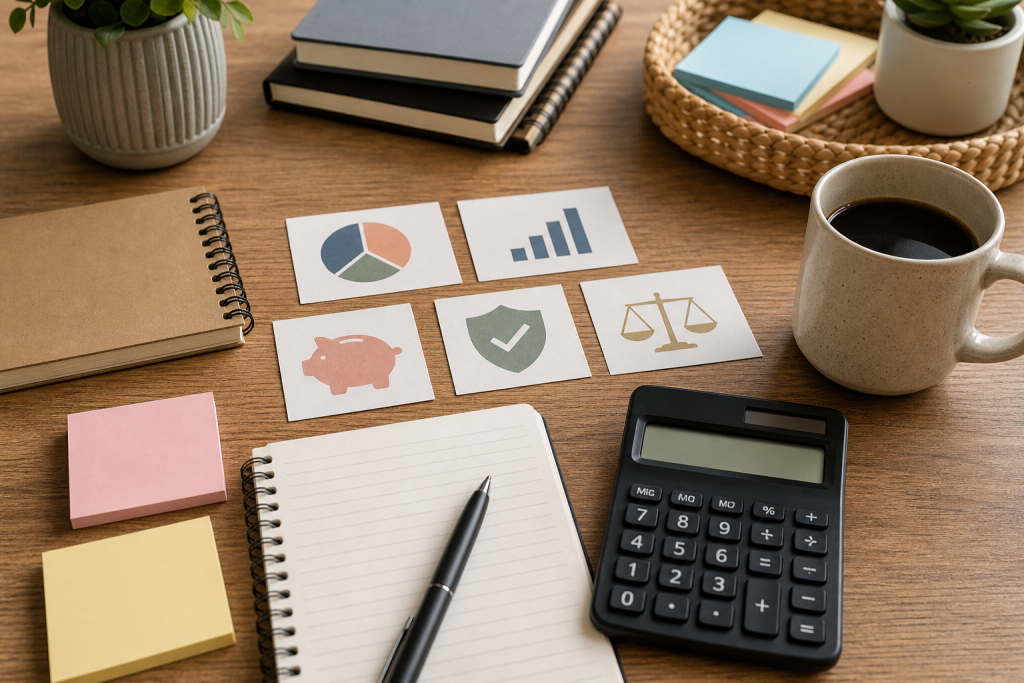 Quaderno, calcolatrice e schede per educazione finanziaria, immagine illustrativa