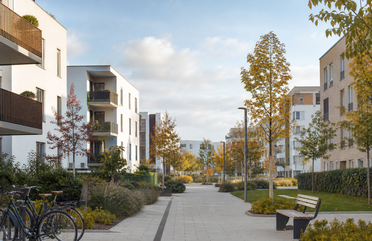 Quartiere residenziale generico con alberi e marciapiede per un articolo su casa e servizi