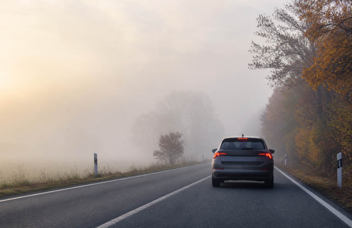 Auto generica su strada con nebbia autunnale