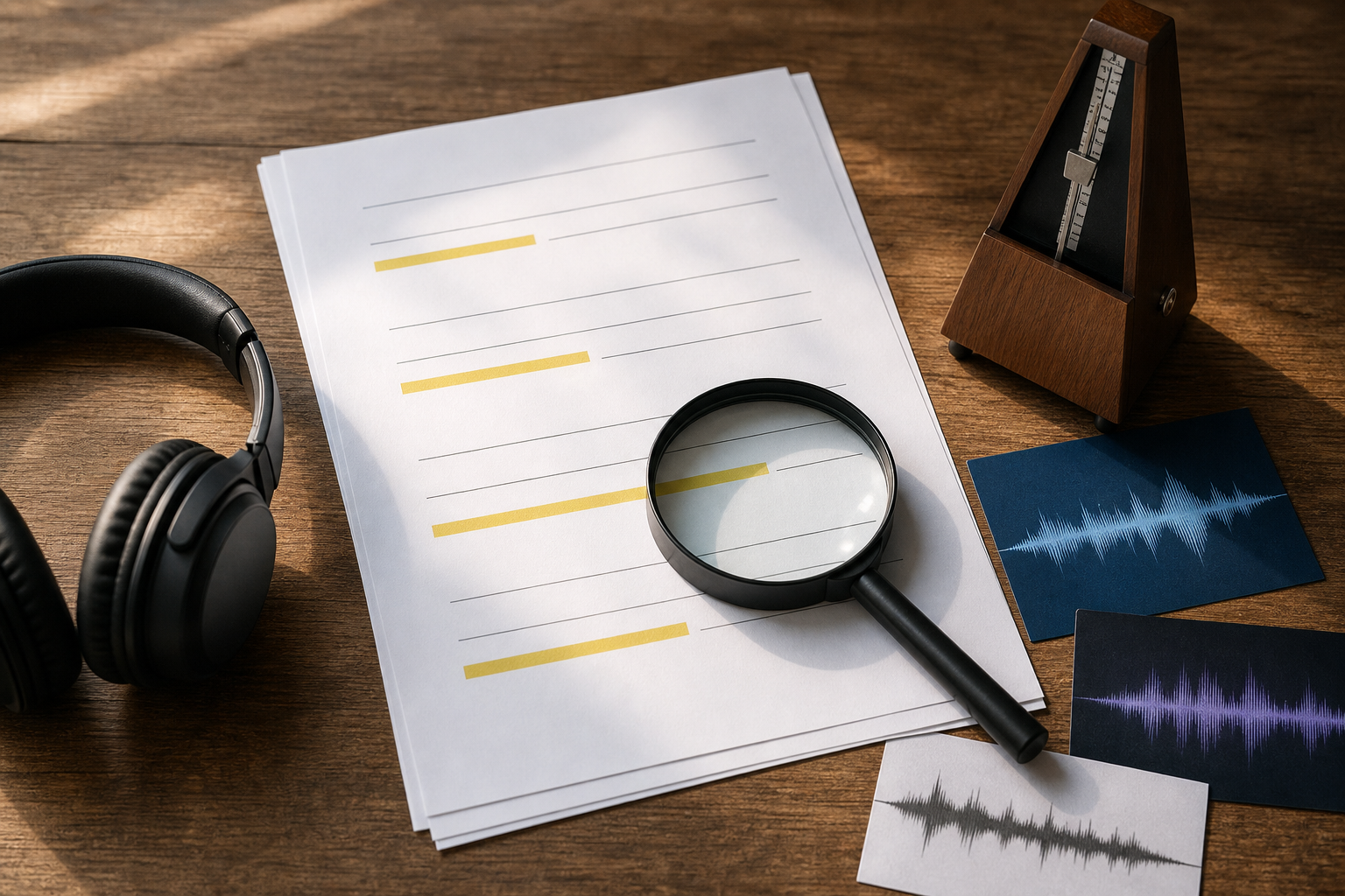 Checklist generica con cuffie e onde audio per controllare clausole digitali