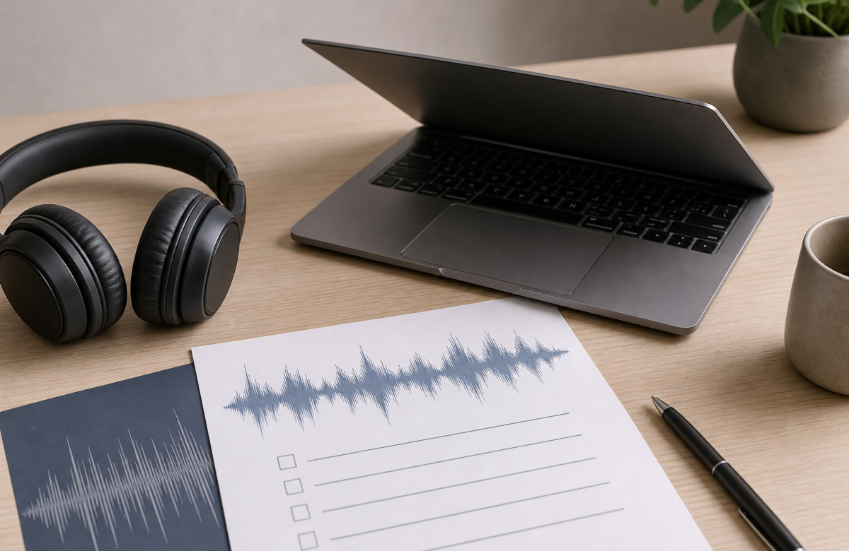 Cuffie laptop e checklist generica per condizioni di servizi musicali AI