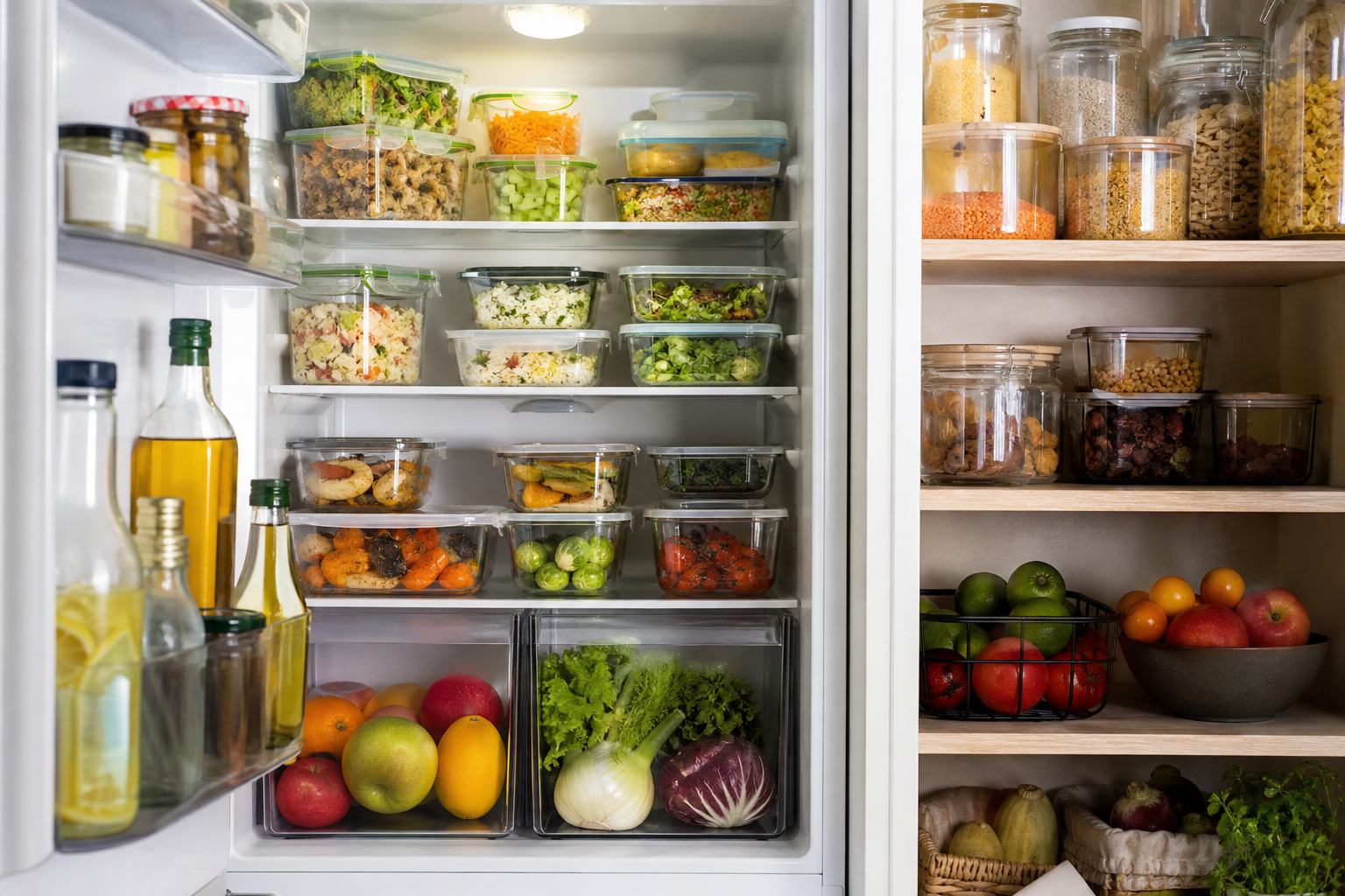 Frigorifero e contenitori generici organizzati per conservare meglio gli alimenti