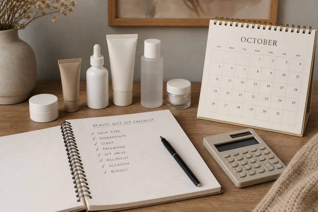 Checklist generica con cosmetici senza marchi calendario e calcolatrice