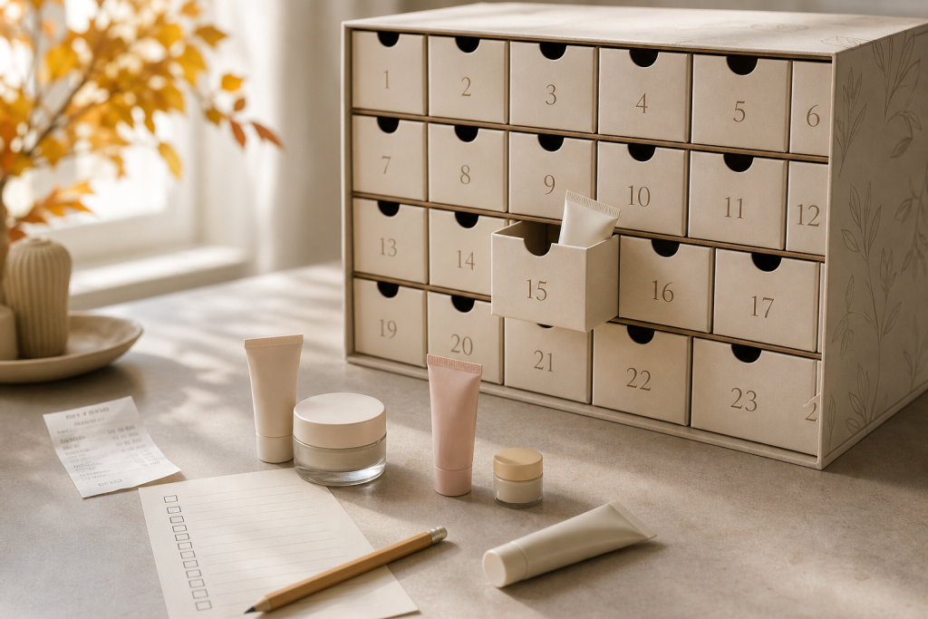 Calendario beauty generico con cosmetici senza marchi e checklist