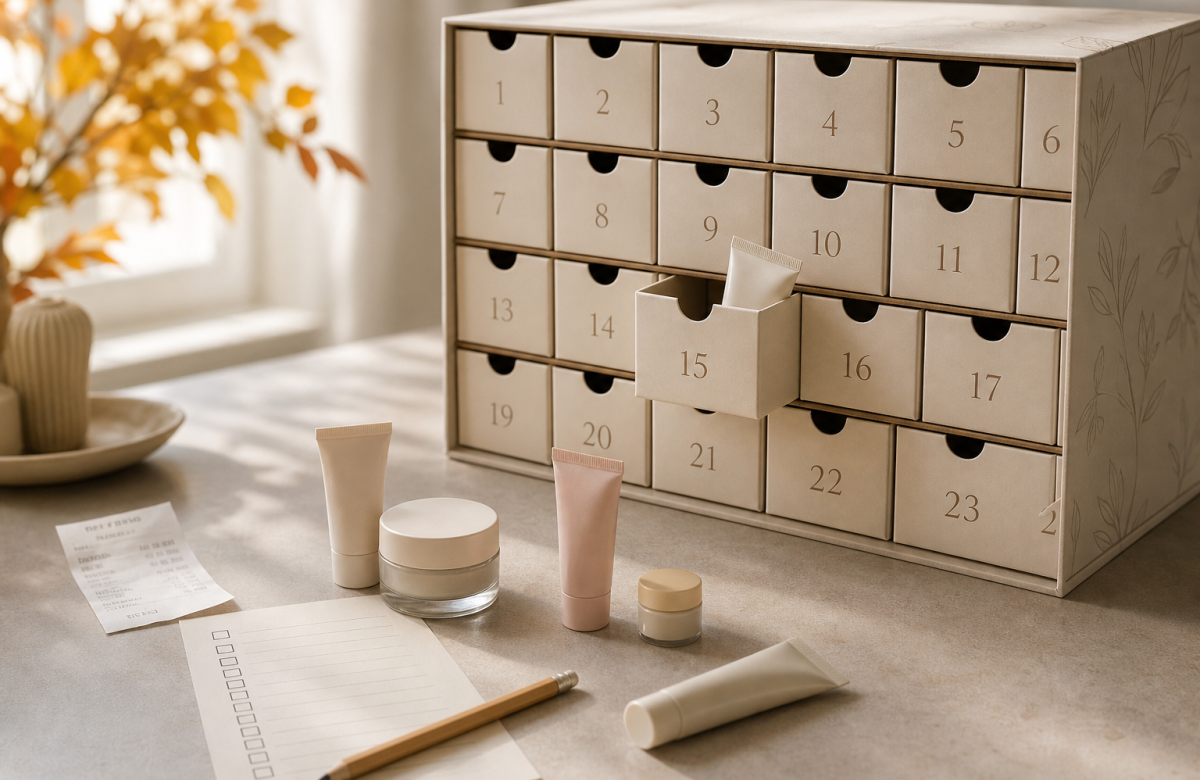 Calendario beauty generico con cosmetici senza marchi e checklist