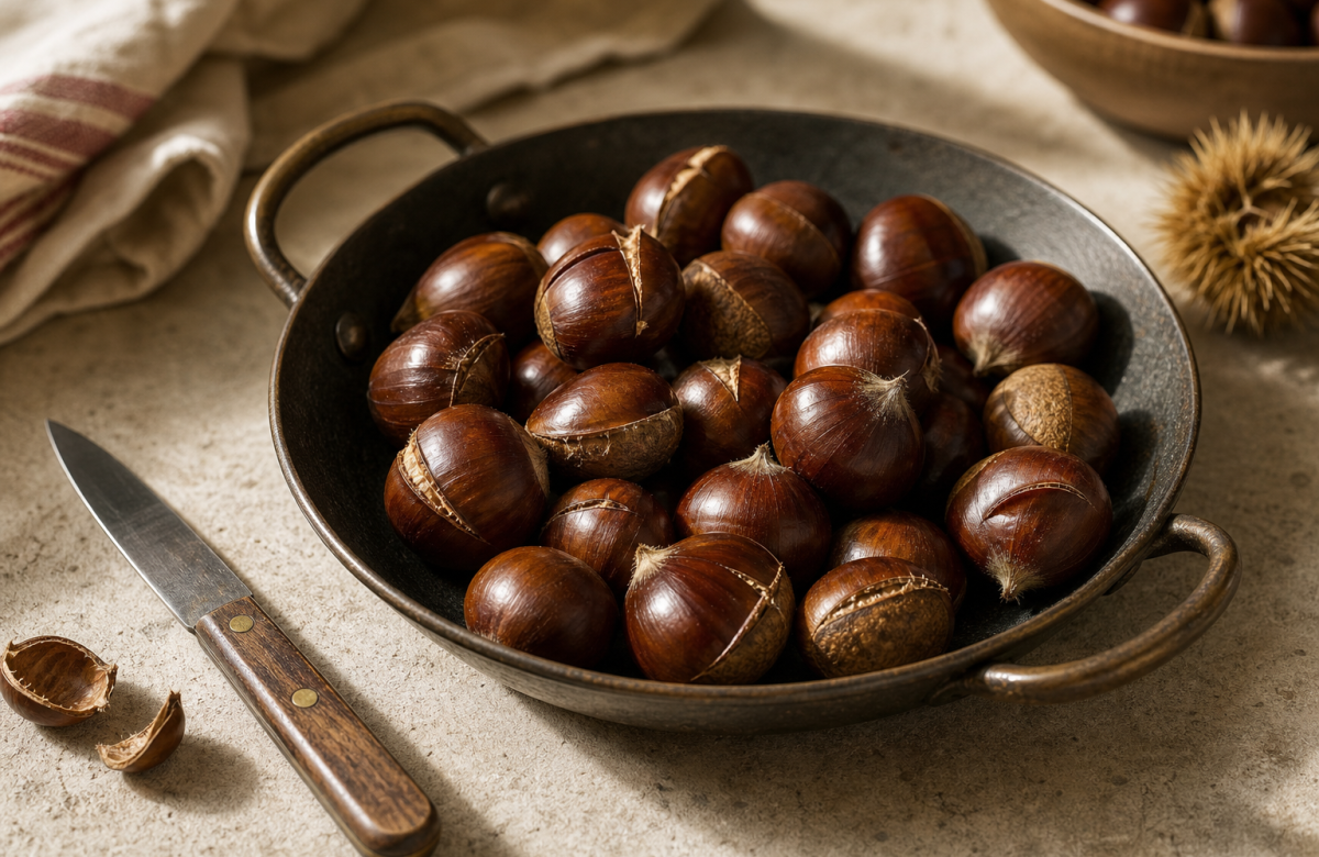 Castagne fresche in una padella su un piano cucina