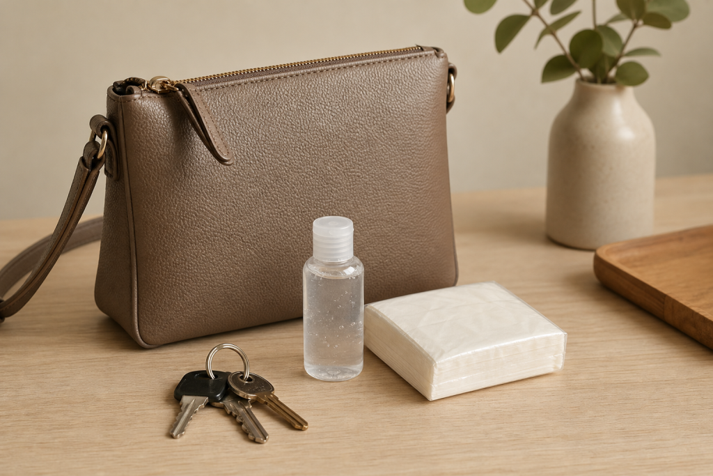 Gel mani generico e fazzoletti accanto a una borsa senza marchi