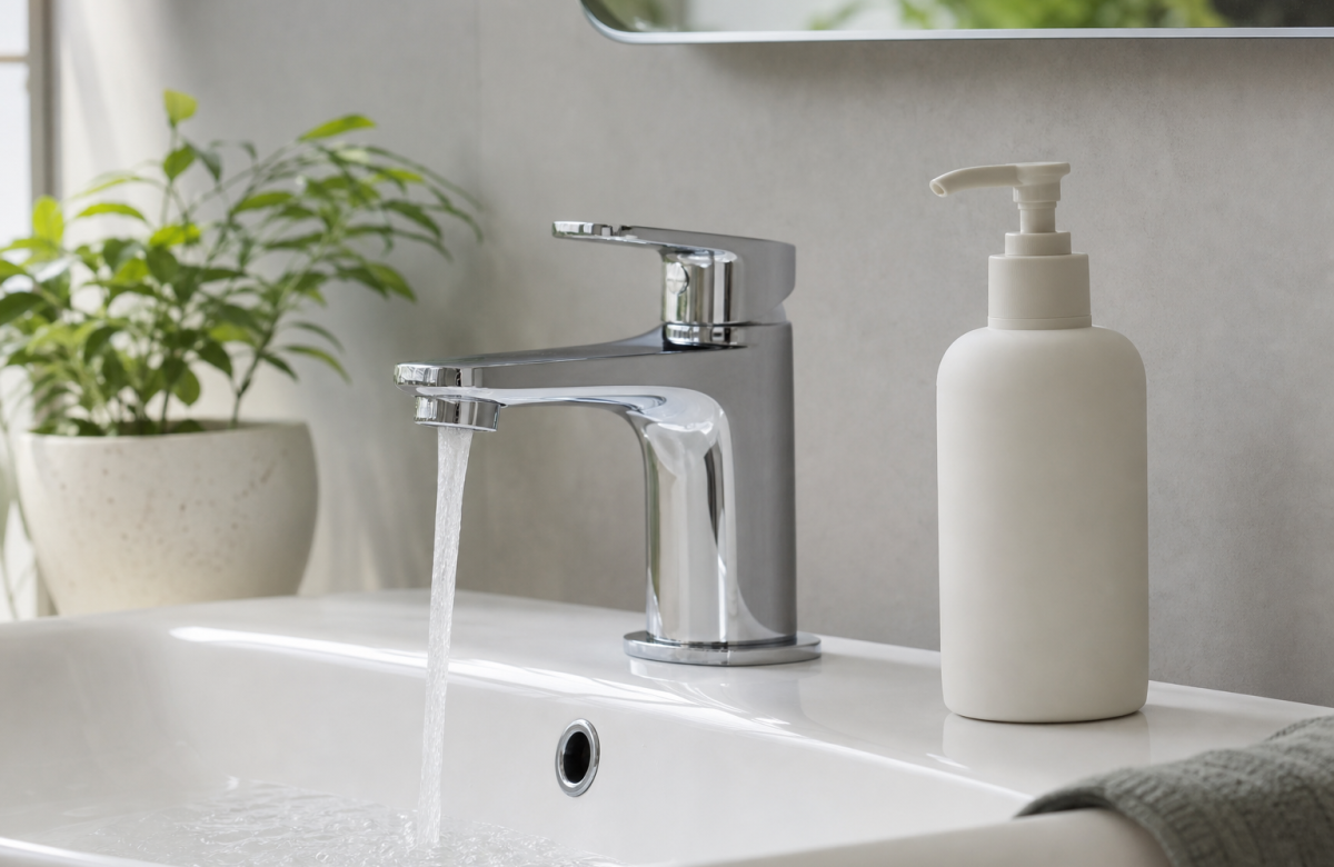 Lavandino con acqua corrente e dispenser di sapone generico