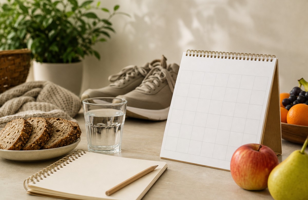 Calendario vuoto acqua frutta pane e scarpe per salute quotidiana